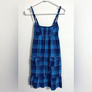 Aerie vintage Y2K blue and indigo plaid sleeveless ruffle mini sundress, size XS